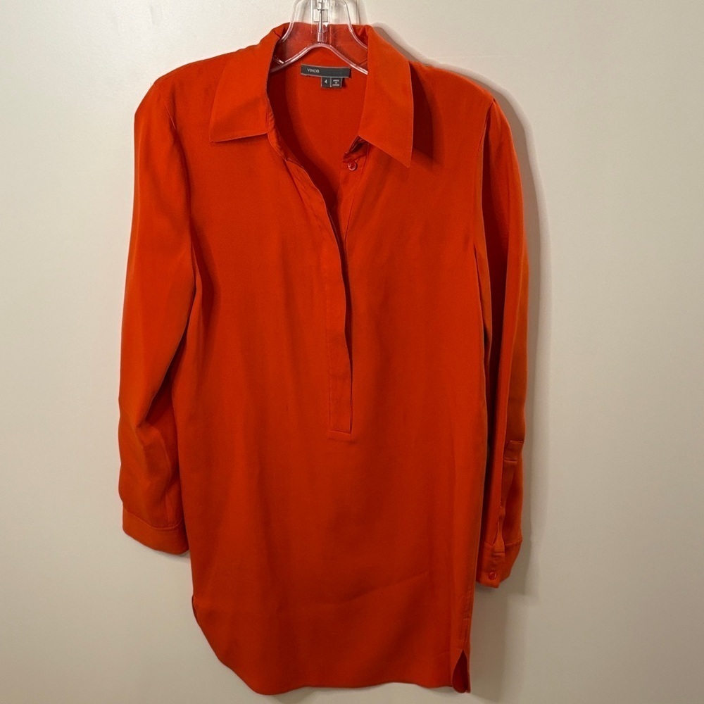 Vince Bright Orange Silk Shirt Dress